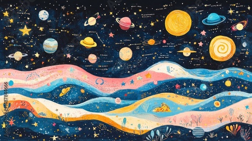 Colorful space landscape with planets, stars, and wavy hills