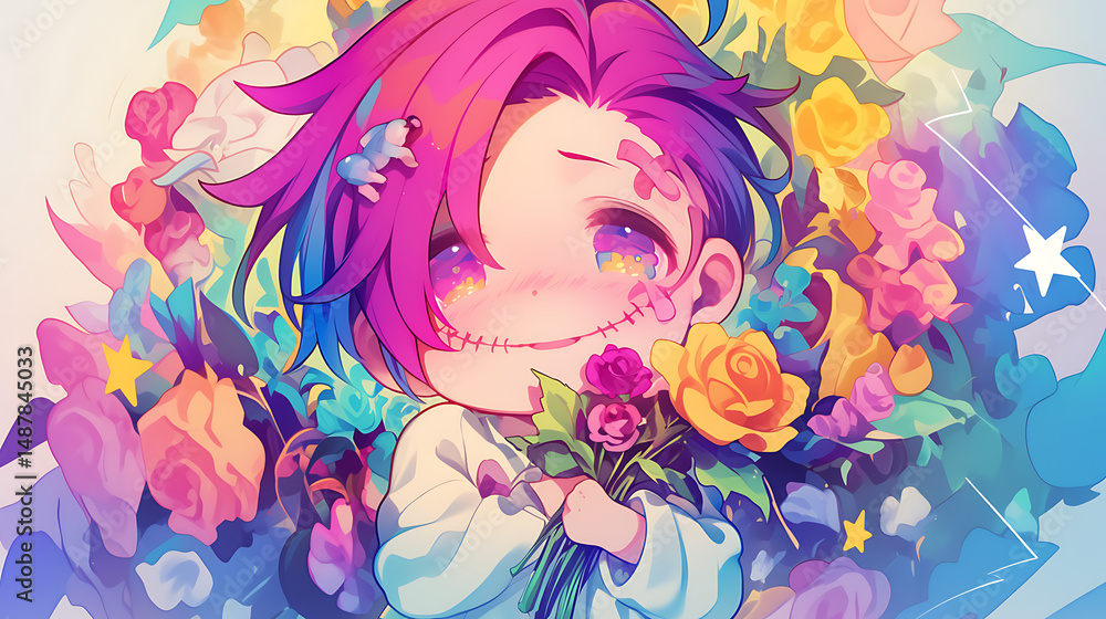 Anime chibi zombie smiling and rose colored illustration Anime chibi zombie smiling and rose colored illustration