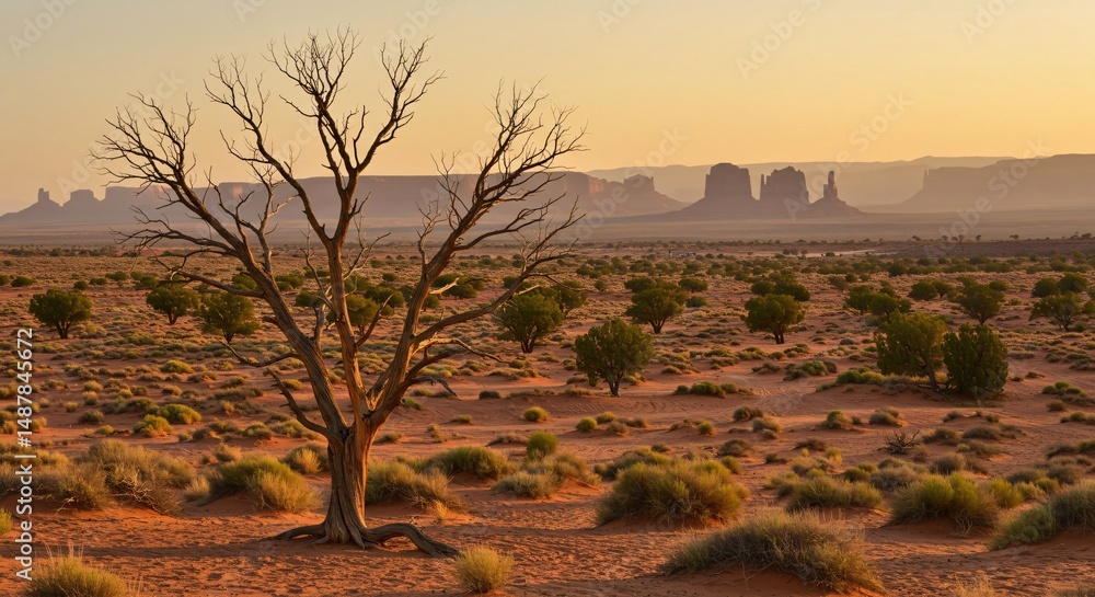 Naklejka premium Scenic view of Monument Valley at sunset with a bare tree in the foreground