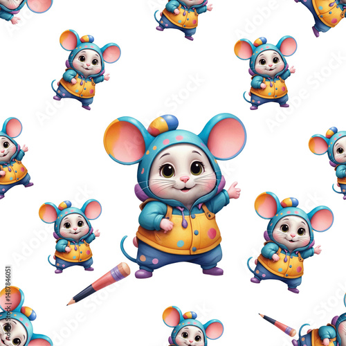 Seamless fabric pattern transparent background 3D cartoon mouse .png