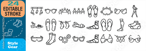 Collection of editable style gear outline icons for fashion design and accessories