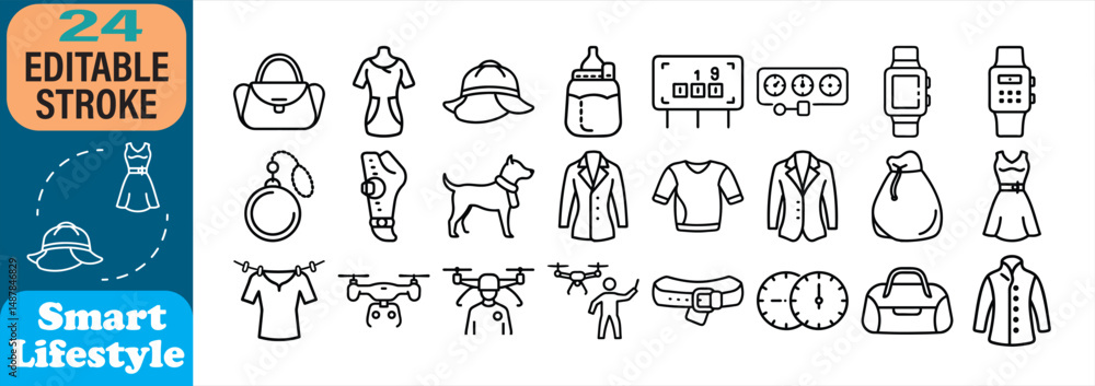 Collection of smart lifestyle icons representing fashion, technology, and modern living with editable strokes Collection of smart lifestyle icons representing fashion, technology, and modern living with editable strokes
