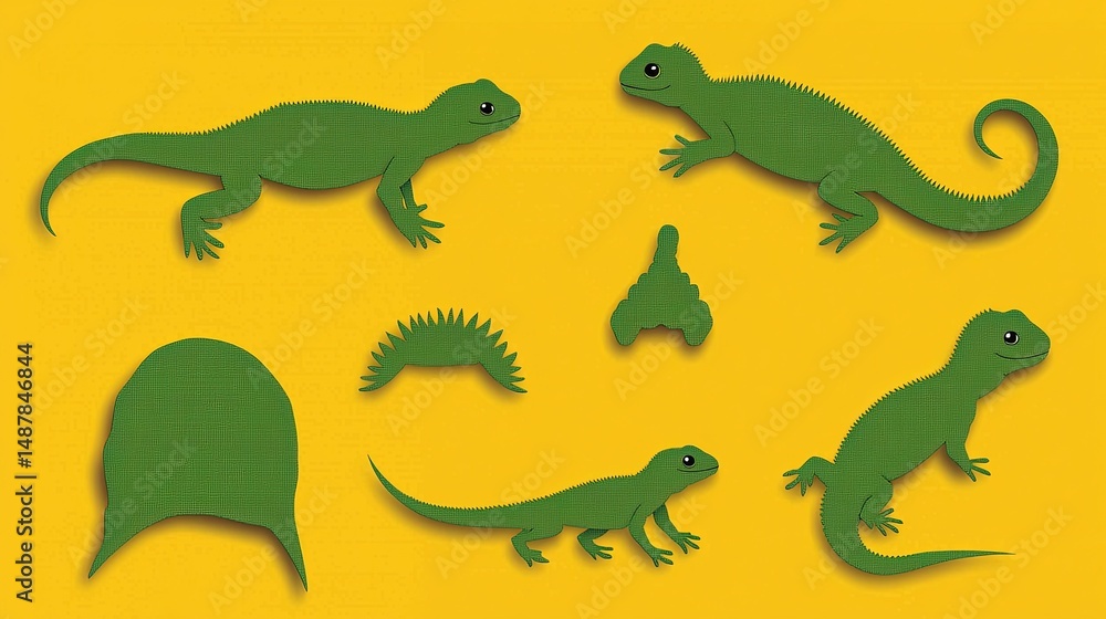 Obraz premium Green Lizards with Yellow Background.