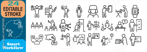 Collection of twenty four editable stroke style smart workflow icons featuring multiple business concepts