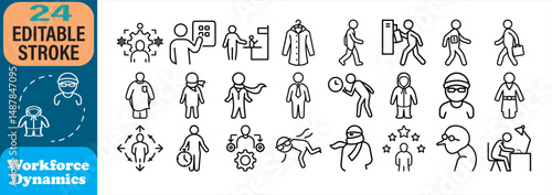 Collection of workforce dynamics icons depicting various professional and daily life activities