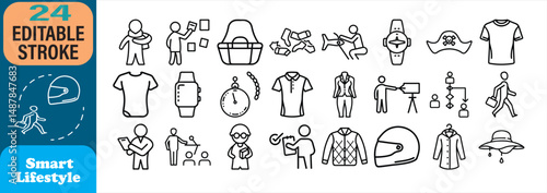 Twenty four outline icons depicting lifestyle fashion and business accessories and objects