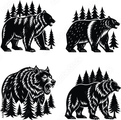 Grizzly and Black Bear Silhouettes in Forest Setting