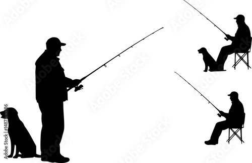Vector silhouette of man fishing with his dog. Symbol of sport and nature.
