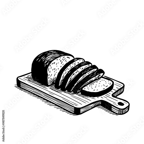 Hand drawn sketch of sliced bread. Fresh bread on a kitchen board. Vector