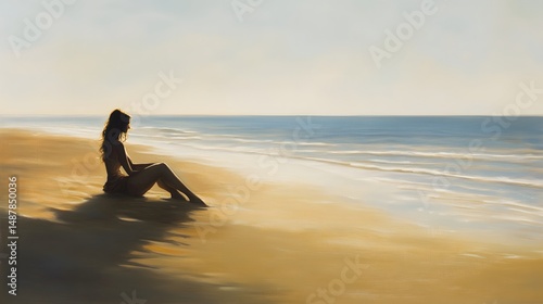 Woman on Sandy Beach by Vast Ocean