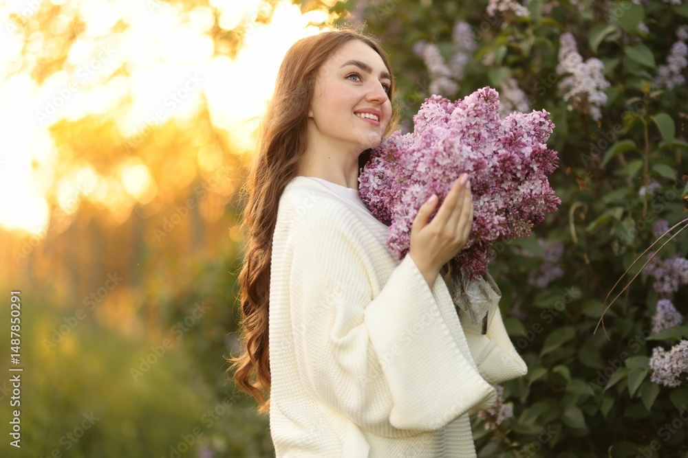 Smiling woman with bouquet of lilac flowers near bush outdoors in morning Smiling woman with bouquet of lilac flowers near bush outdoors in morning