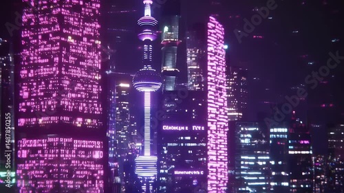 Illuminated Cityscape at Night with Tower and Tall Buildings