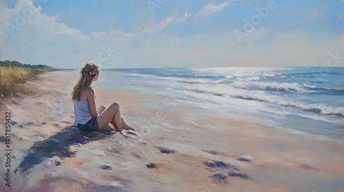 Woman on Sandy Beach by Ocean
