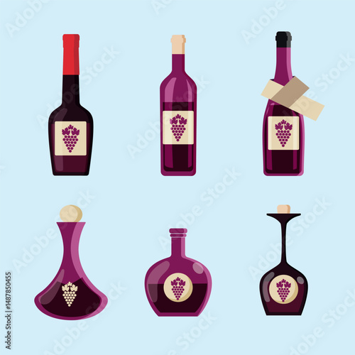 Illustration of purple wine bottles in various shapes