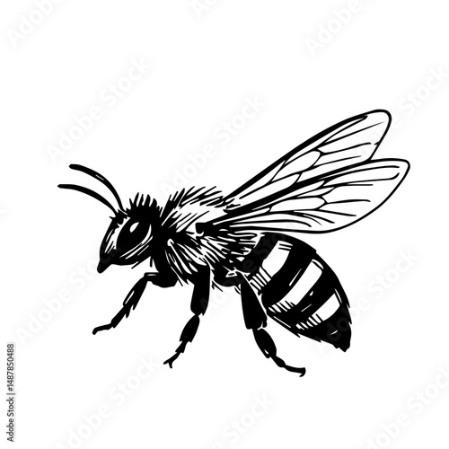Hand drawn illustrations of a bee, detailed vector clip art isolated on white background.