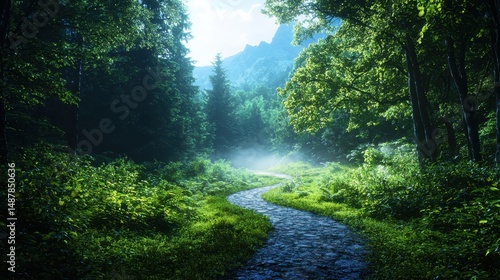 Tranquil nature pathway lush forest scenic landscape serene environment peaceful viewpoint exploration concept