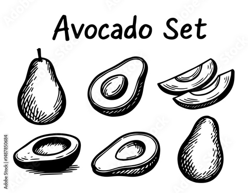 Avocado, Hand drawn sketch, sliced avocado, whole and in pieces. Vector food packaging design
