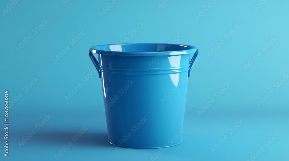 A single, empty, light blue plastic bucket with handles against a matching background. A single, empty, light blue plastic bucket with handles against a matching background.