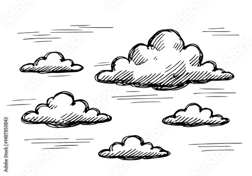 Hand drawn monochrome cartoon clouds. Engraving cloud sketch collection isolated vector illustration
