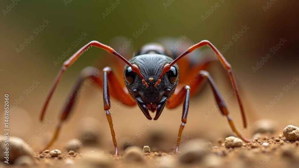 Fototapeta premium A red and black ant with long antennae walking on a sandy surface