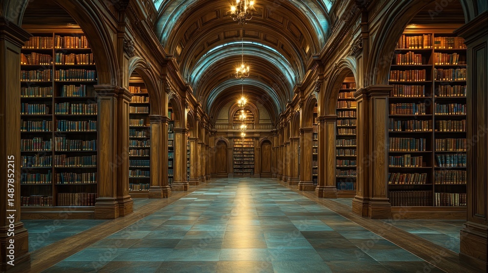 Grand library hallway, filled with antique books Grand library hallway, filled with antique books