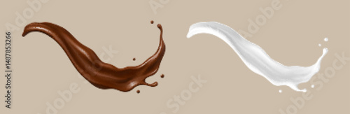Realistic chocolate and milk splash waves isolated on beige background. Dessert and dairy concept. Vector illustration