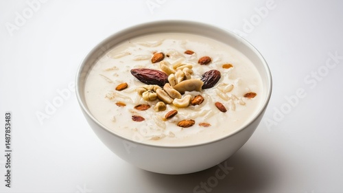 Delicious Indian Kheer, Sweet Rice Pudding with Nuts and Dried Fruits in a White Bowl on a White Background