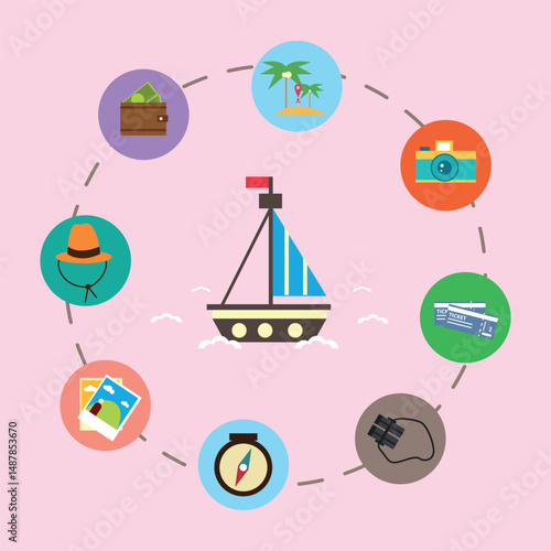 Illustration of a ship surrounded by traveling elements