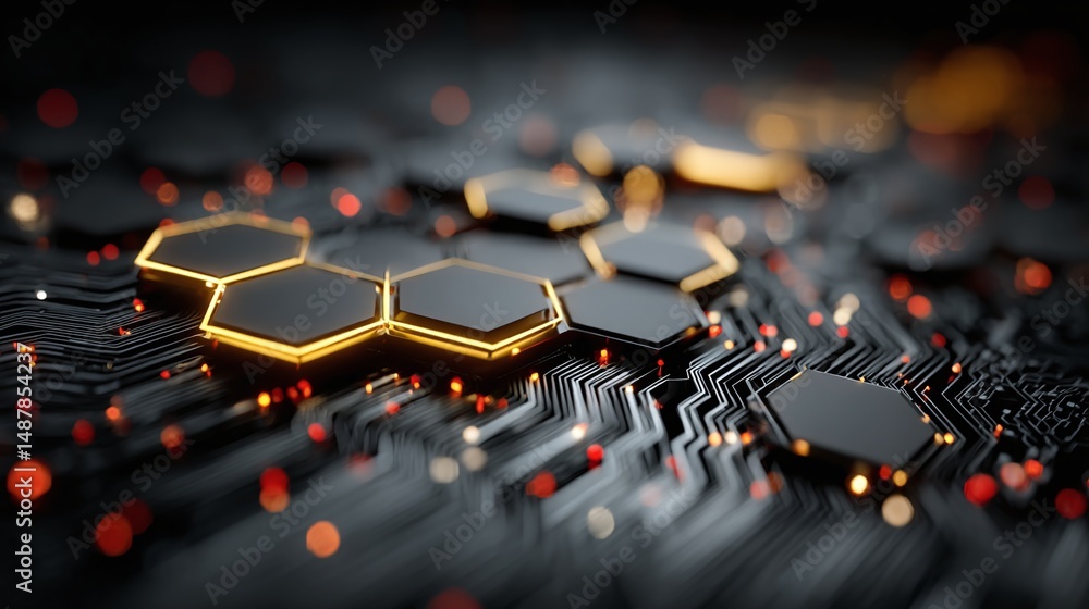 Fototapeta premium Blue digital circuit board background with softly glowing hexagons and pulsing electronic lines 