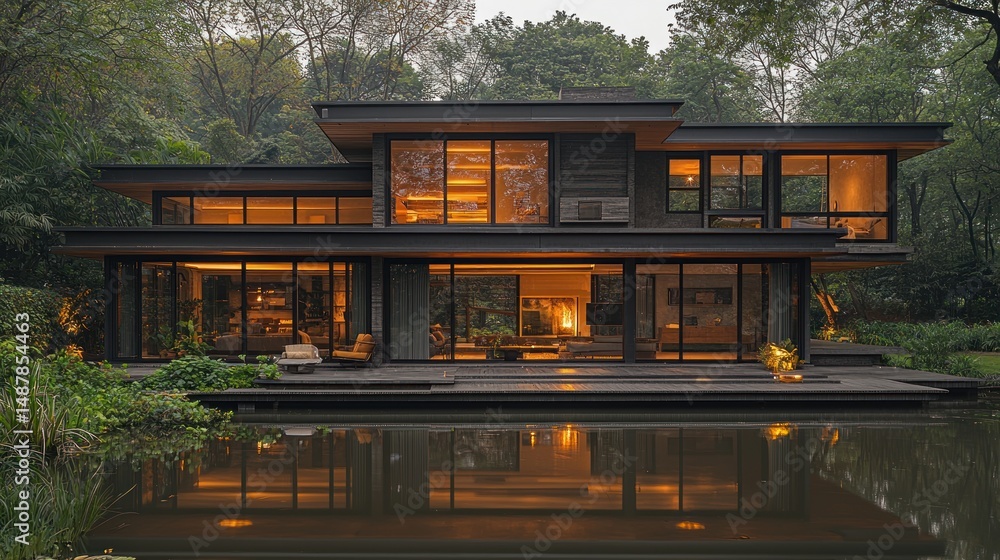 Modern house on pond with warm lighting Modern house on pond with warm lighting