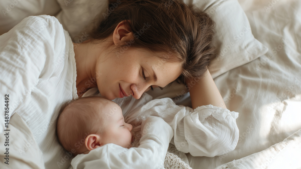 woman lying on a bed cuddling her newborn baby wrapped in a soft blanket woman lying on a bed cuddling her newborn baby wrapped in a soft blanket