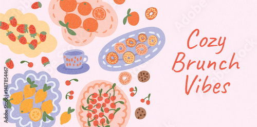 Brunch composition with cherry tart, lemon, strawberry, cookies, oranges and tea cup on pastel background. Cozy sweet picnic breakfast. Flat colorful vector illustration.