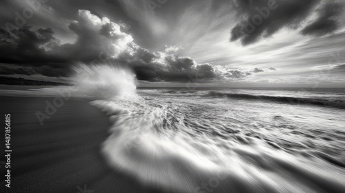 Dramatic black and white coastal seascape with wave crashing on sandy beach under stormy sky.