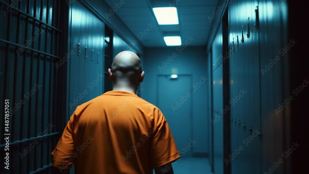 A prisoner in a US federal prison mysteriously entering a cell at night wearing an orange prisoner uniform A prisoner in a US federal prison mysteriously entering a cell at night wearing an orange prisoner uniform