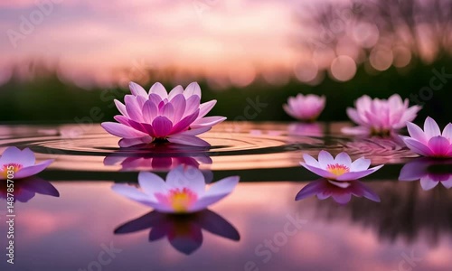 Serene Sunset Water Lilies, Pink Blooms Reflecting on Calm Water