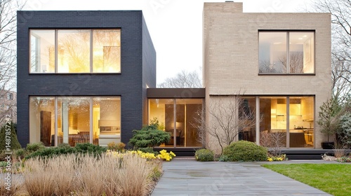 Modern duplex with evening light, and garden.