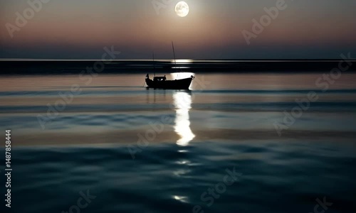 Moonlit Sea Voyage. A Small Fishing Boat at Dusk
