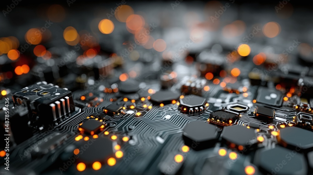 Obraz premium Dark blue electronic surface with illuminated logic circuits and modular hex grid 