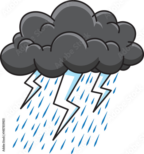 A stylized dark gray storm cloud with black outlines pours diagonal blue raindrops and flashes jagged white and black lightning bolts on white background