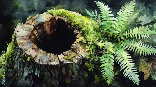 Wallpaper Mural A moss-covered tree stump with a hollow center and vibrant green fern leaves growing beside it in a natural forest setting. Torontodigital.ca