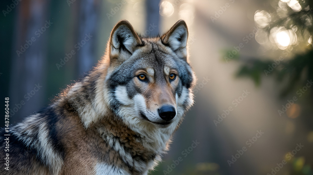 Fototapeta premium A majestic Eurasian wolf, with intense amber eyes, in an alert pose. Only the wolf’s head is visible,