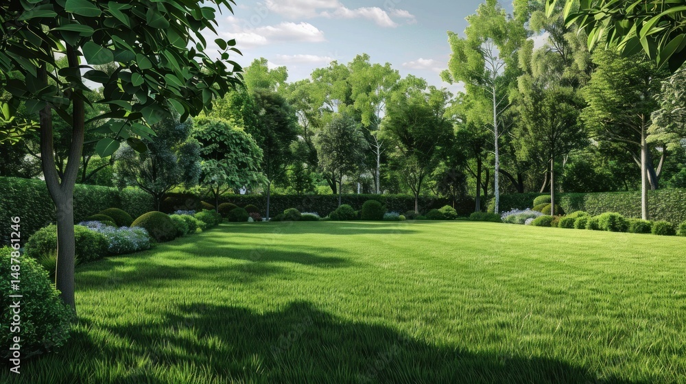 Fototapeta premium Digitally generated garden with trimmed grass and trees stock photo --ar 16:9 --raw --v 6 Job ID: decf8dd3-4744-42dc-985d-1064c958fd18