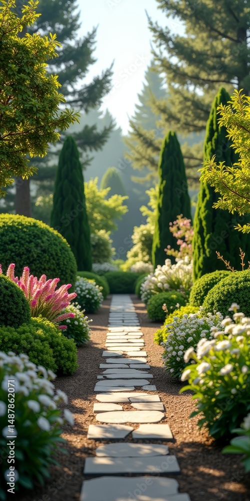 Obraz premium A well-manicured garden with a stone pathway leading to the horizon