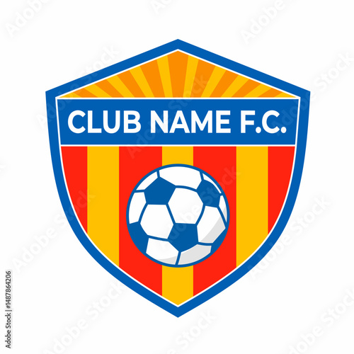 Football club logo design vector illustration with thick shield shape, red and yellow stripes, blue border and soccer ball icon. Perfect for team branding, sports identity and professional club emblem