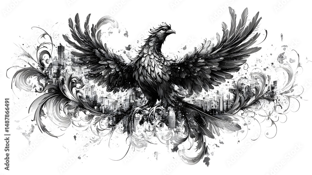 Fototapeta premium Majestic Mythical Phoenix Rising with Fiery Wings and Feathers