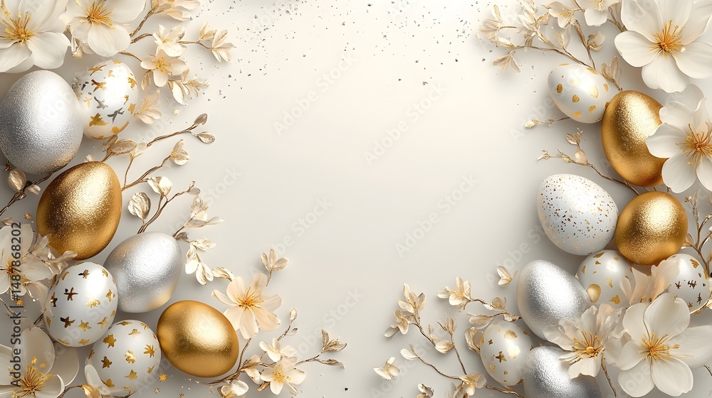 Obraz premium Elegant Easter Floral Golden and Silver Eggs Decorative Background