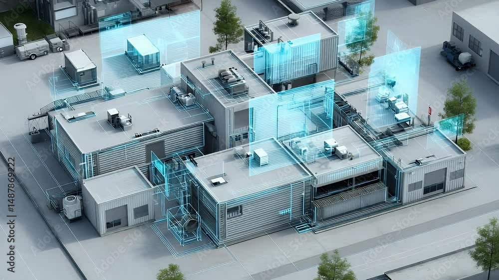 3D render of smart industrial factory with glowing blue digital systems, ideal for concepts of IoT, automation, industry 4.0, and smart manufacturing.

