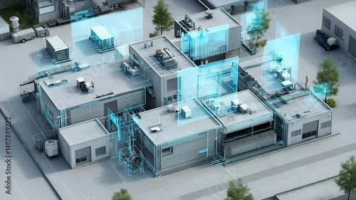 3D render of smart industrial factory with glowing blue digital systems, ideal for concepts of IoT, automation, industry 4.0, and smart manufacturing.

