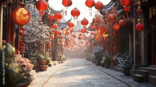 Snowy Chinese street adorned with red lanterns.