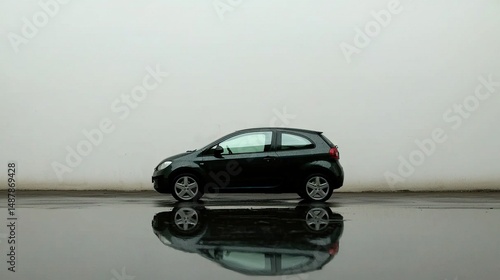Fototapeta Naklejka Na Ścianę i Meble -  Black car reflection with wet street.